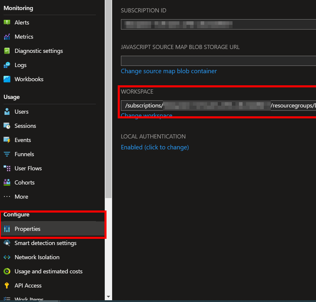 Properties Application Insights workspace setting