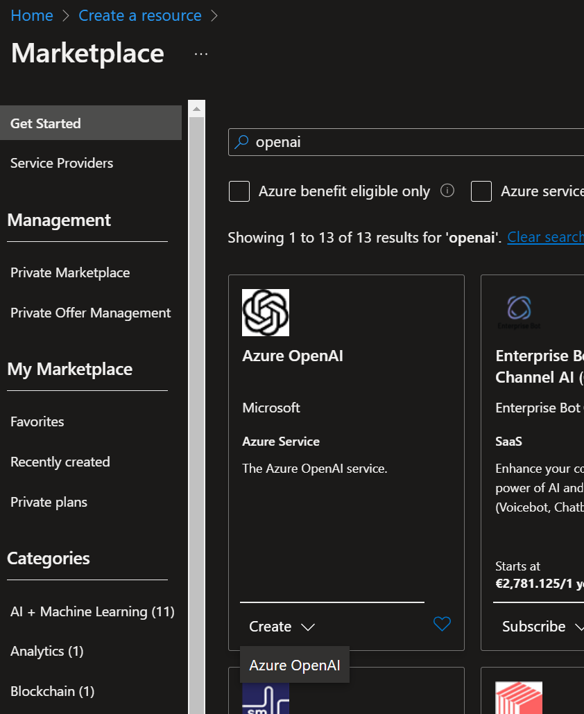 Azure Marketplace - OpenAI